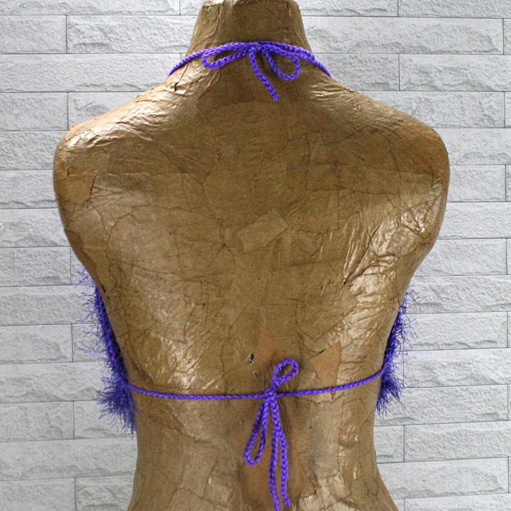 HAND CRAFTED Crop Top Crochet Bikini Fringe Halter Faux Fur Feather Purple - Picture 4 of 13
